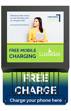 Fixed charging station with display for mobiles at events